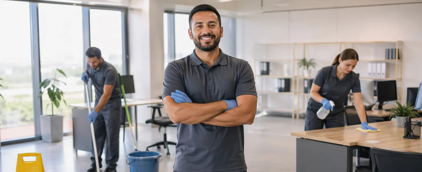 Smiling man with folded arms in a clean office while two coworkers scrub and mop in the background.