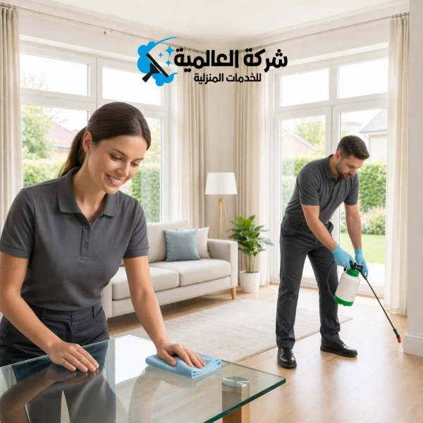 Two professional cleaners wipe a glass coffee table in a bright living room, logo in Arabic advertising a home cleaning service above them.